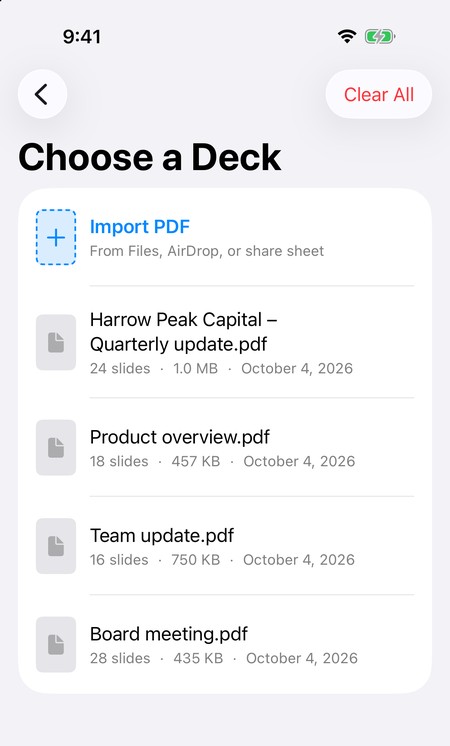 DeckSync's Choose a Deck screen on iPhone, listing four PDF decks.